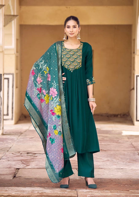 Viscose Chanderi Flared Kurta Pant Set with Maslin Jacquard Dupatta and Hand Embroidery
