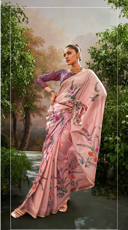 Soft Linen Tissue Saree with Hand Brush Print and Kalamkari Blouse – Festive and Wedding Wear