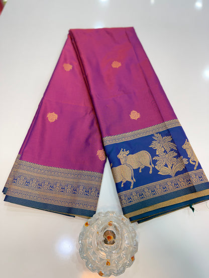 Handloom styled Silk Pichwai Saree with Woven Border and Contrast Blouse