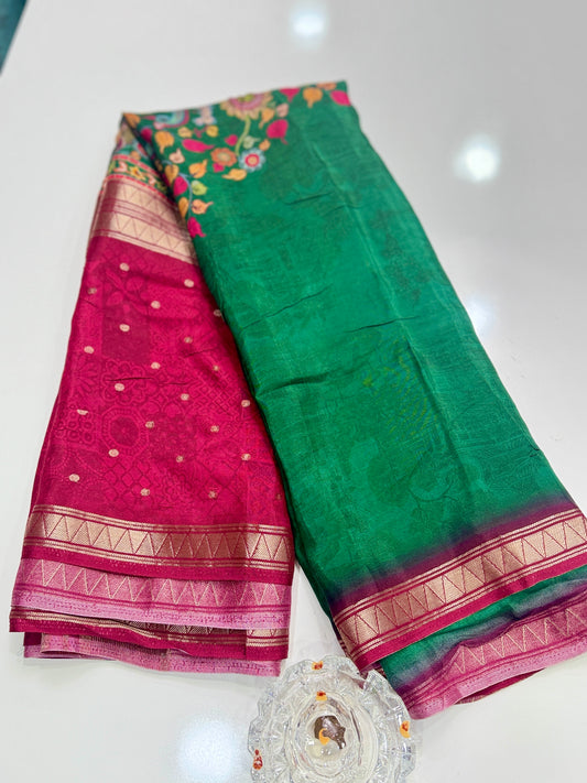 Mysore-Style Viscose Crepe Saree with Zari Border and Digital Heritage Print for Women