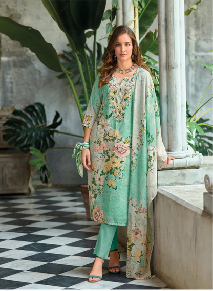 Women’s Linen Schiffli Embroidered Kurta Set with Cotton Pant and Viscose Mal Dupatta – L to 3XL
