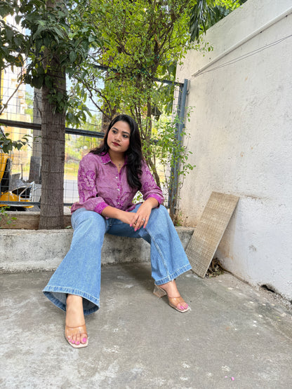 Crepe Bandhani Printed Top with Pintuck Detailing and Metal Buttons for Women