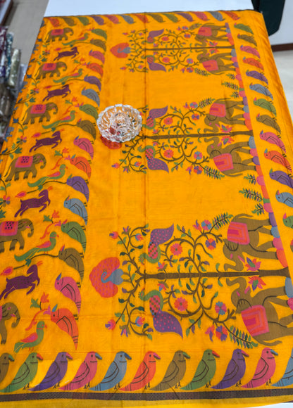 Soft silk printed saree with multicolour ethnic motifs and contrast blouse piece