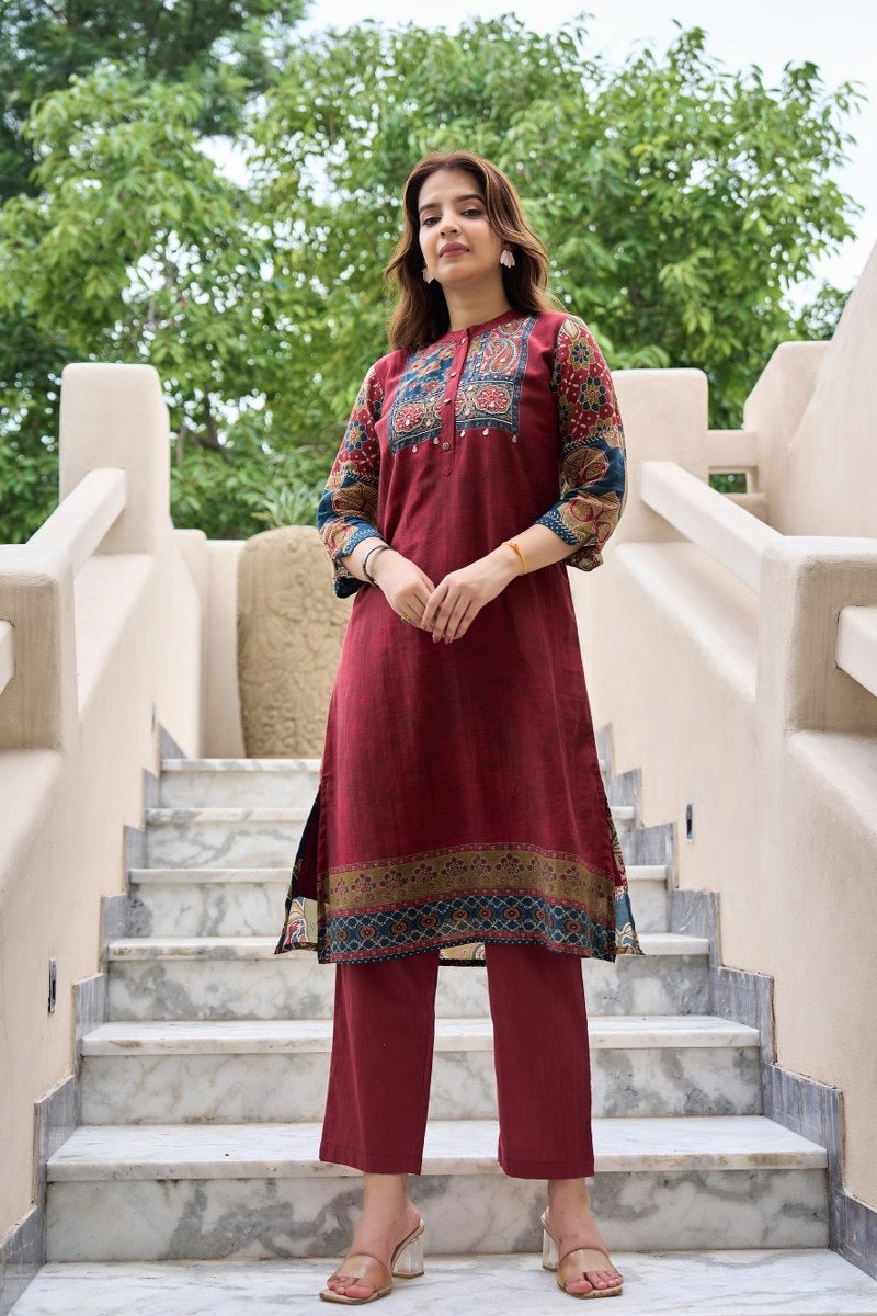Printed Cotton Kurta Pant Set with Yoke Embroidery – Elegant Daily and Festive Wear for Women