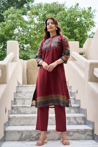Printed Cotton Kurta Pant Set with Yoke Embroidery – Elegant Daily and Festive Wear for Women