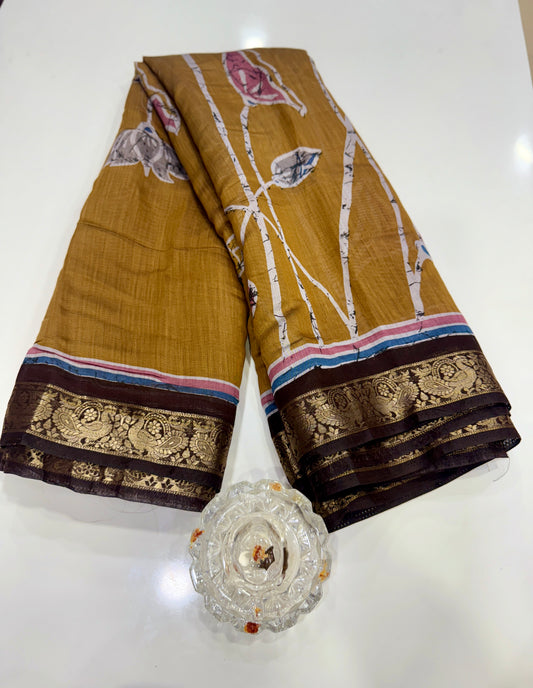 Chennuri silk style printed saree with traditional artwork border and unstitched blouse fabric for women