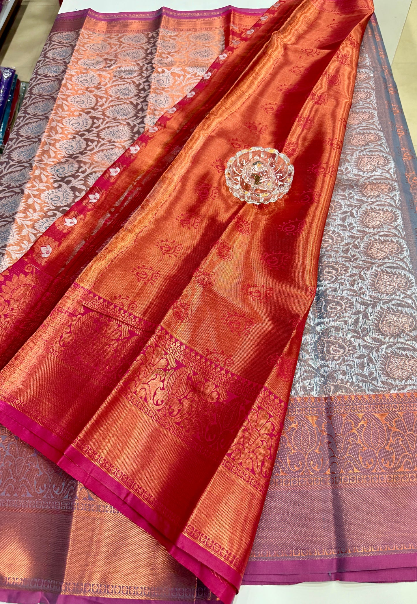 Bridal tissue saree for women with woven zari work and contrast border, kanchipuram style powerloom saree with blouse fabric
