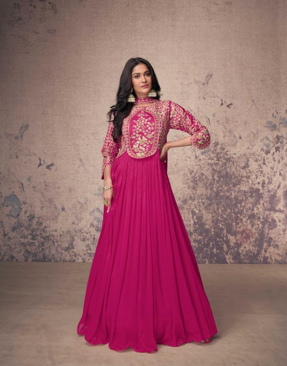 Real Chinon Silk Embroidered Kurta Set with Dupatta – Free Size Stitched Festive Wear for Women
