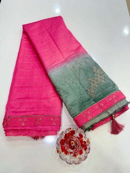 Omber Dual Shaded Designer Silk Saree with Embroidery Lace Work, Patchwork and Art Silk Blouse