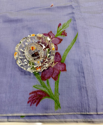 Lavender blue woven viscose saree in kora silk style with tassel pallu and embroidered blouse fabric