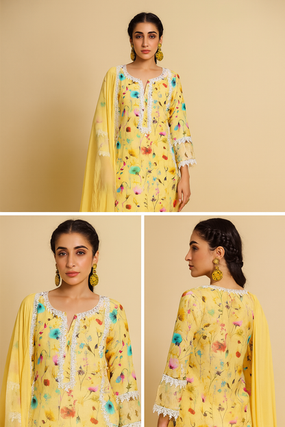 Linen Cotton Kurti Pant Set with Nazmin Dupatta and Lace Work – Plus Sizes Available
