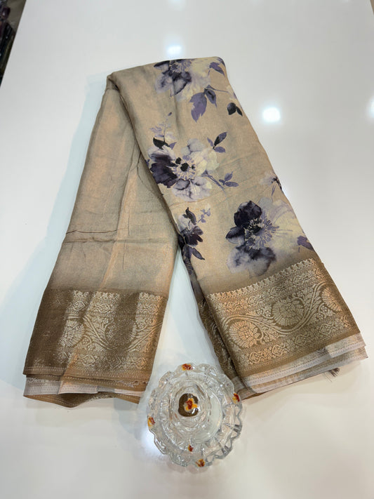 Russian Viscose Crepe Silk Chittpallu Saree with Heritage Print and Zari Border for Women