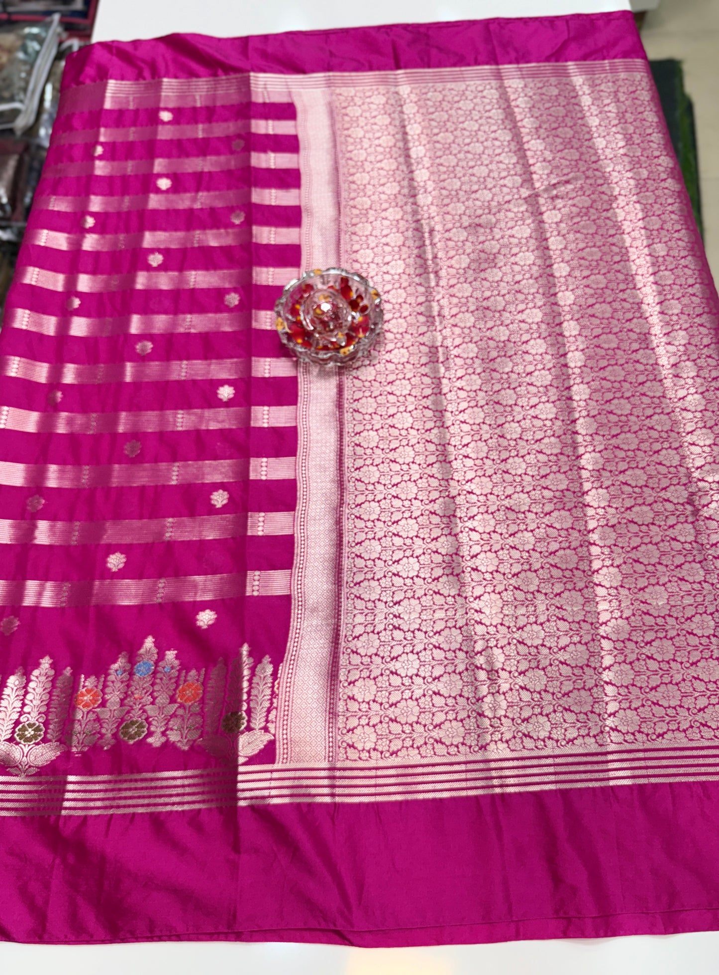 Banarasi Semi Katan Silk Saree with Meenakari Satin Border and Gold Zari Weaving – Traditional Festive Saree for Women