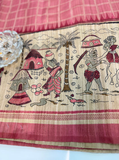 Spider Silk Saree with Folk Art Print Border and Tassel Pallu