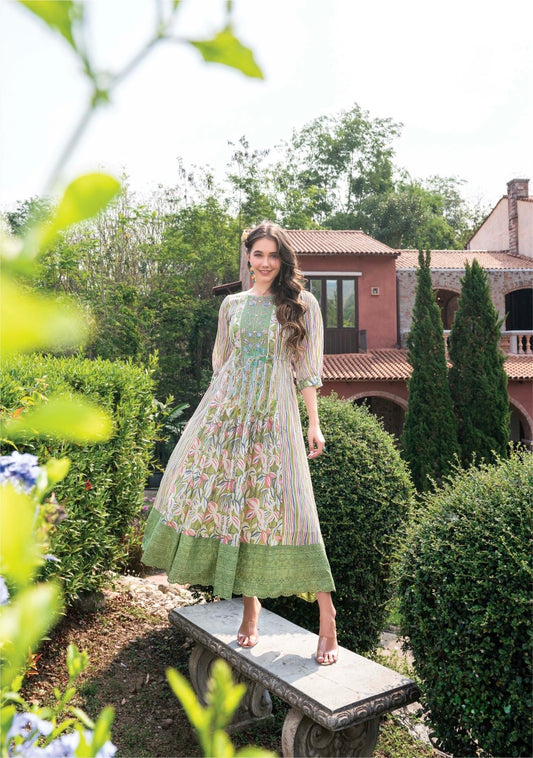 Women’s Malai Cotton Designer Gown with Digital Print and Tassel Detailing – Sizes L to 3XL
