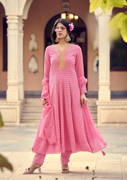 Georgette Anarkali Kurta Pant Dupatta Set with Embroidery and Khatli Mirror Work – L to 2XL