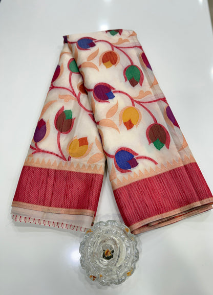 Soft silk floral printed saree with contrast blouse, lightweight festive wear saree for women