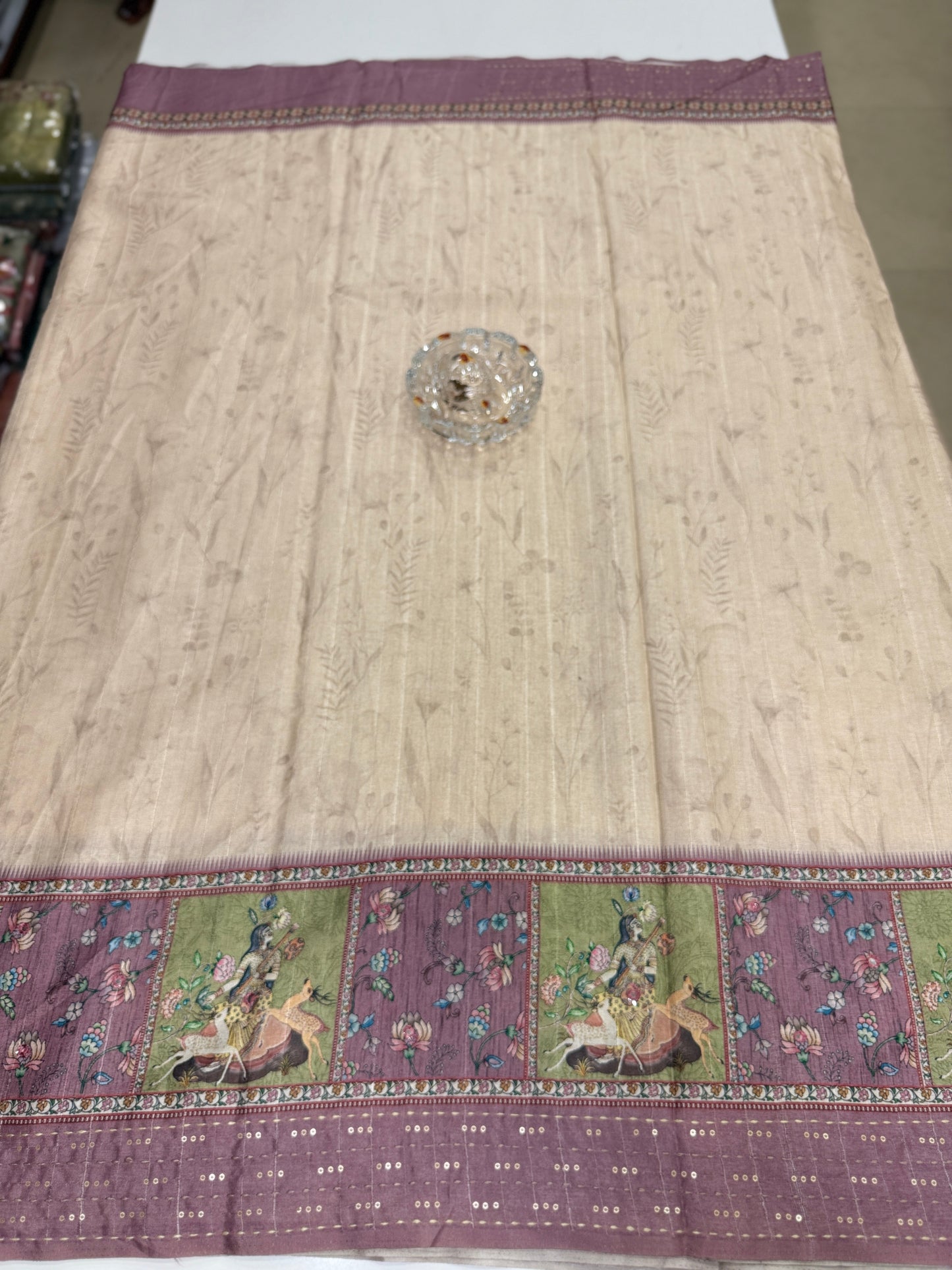 Tussar Fabric Saree with Katha Print Border, Mirror Work and Matching Blouse