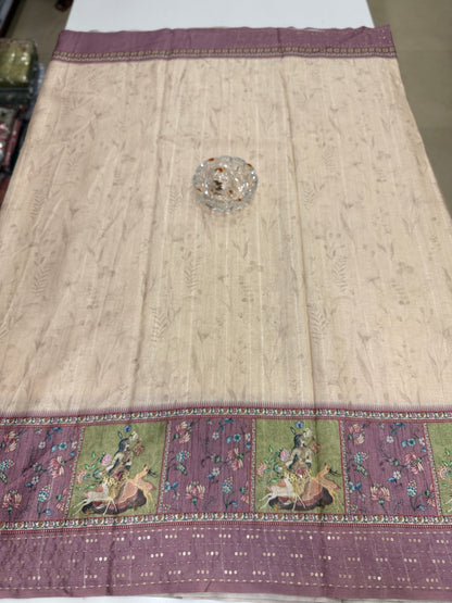 Tussar Fabric Saree with Katha Print Border, Mirror Work and Matching Blouse