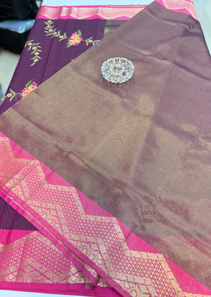 Banarasi kota silk saree with floral embroidery, contrast magenta zari border and matching blouse piece for women