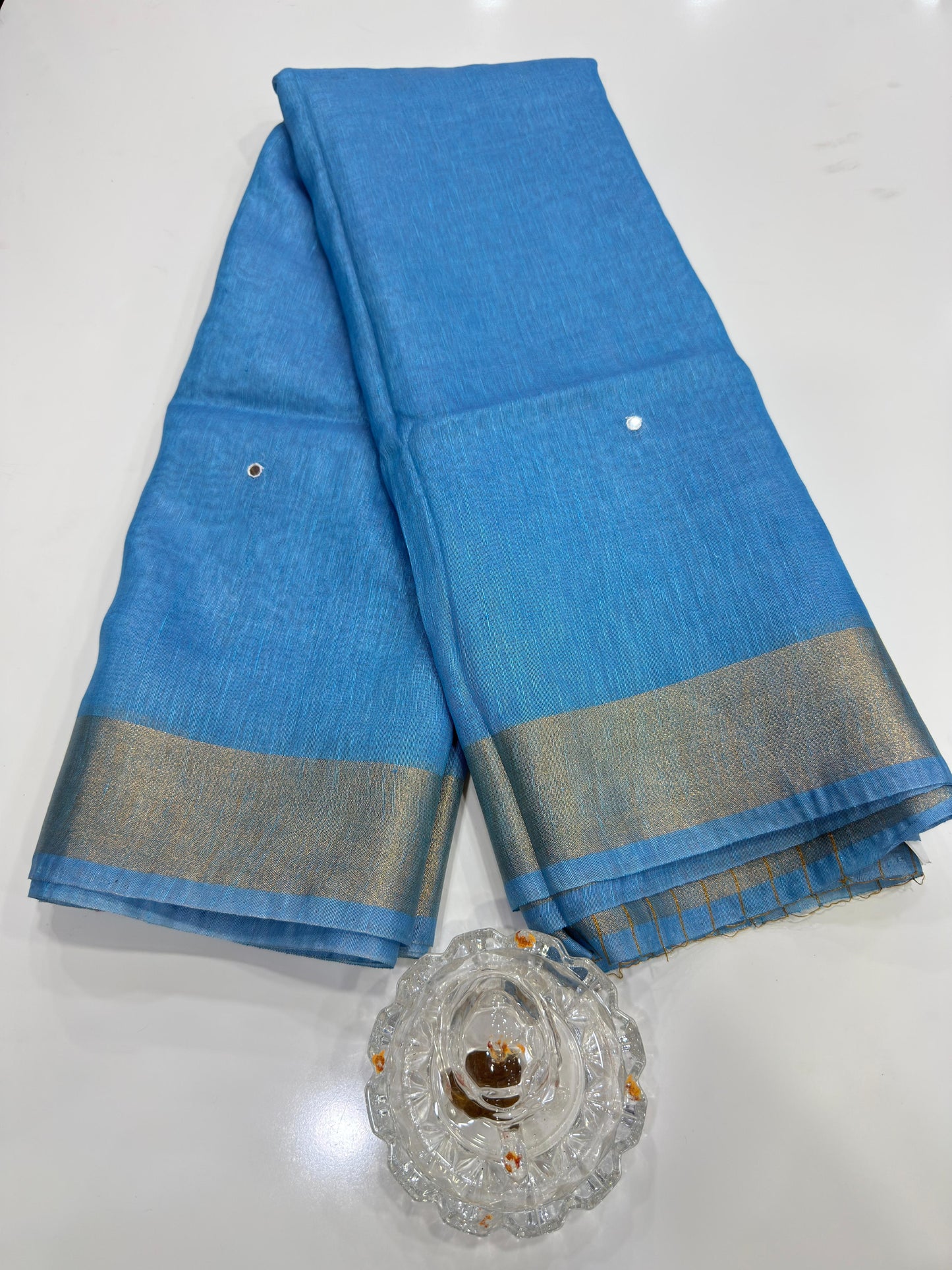 Pure Tissue 150 Count Linen Handloom Saree with Handwork and Running Blouse for Women