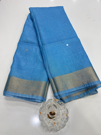 Pure Tissue 150 Count Linen Handloom Saree with Handwork and Running Blouse for Women
