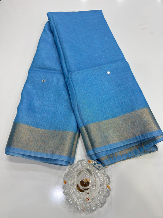 Pure Tissue 150 Count Linen Handloom Saree with Handwork and Running Blouse for Women