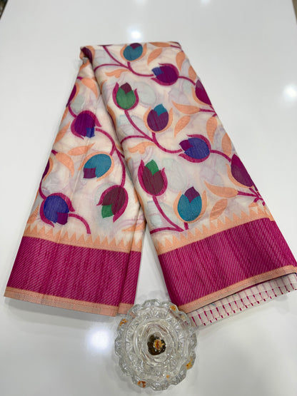 Soft silk floral printed saree with contrast blouse, lightweight festive wear saree for women