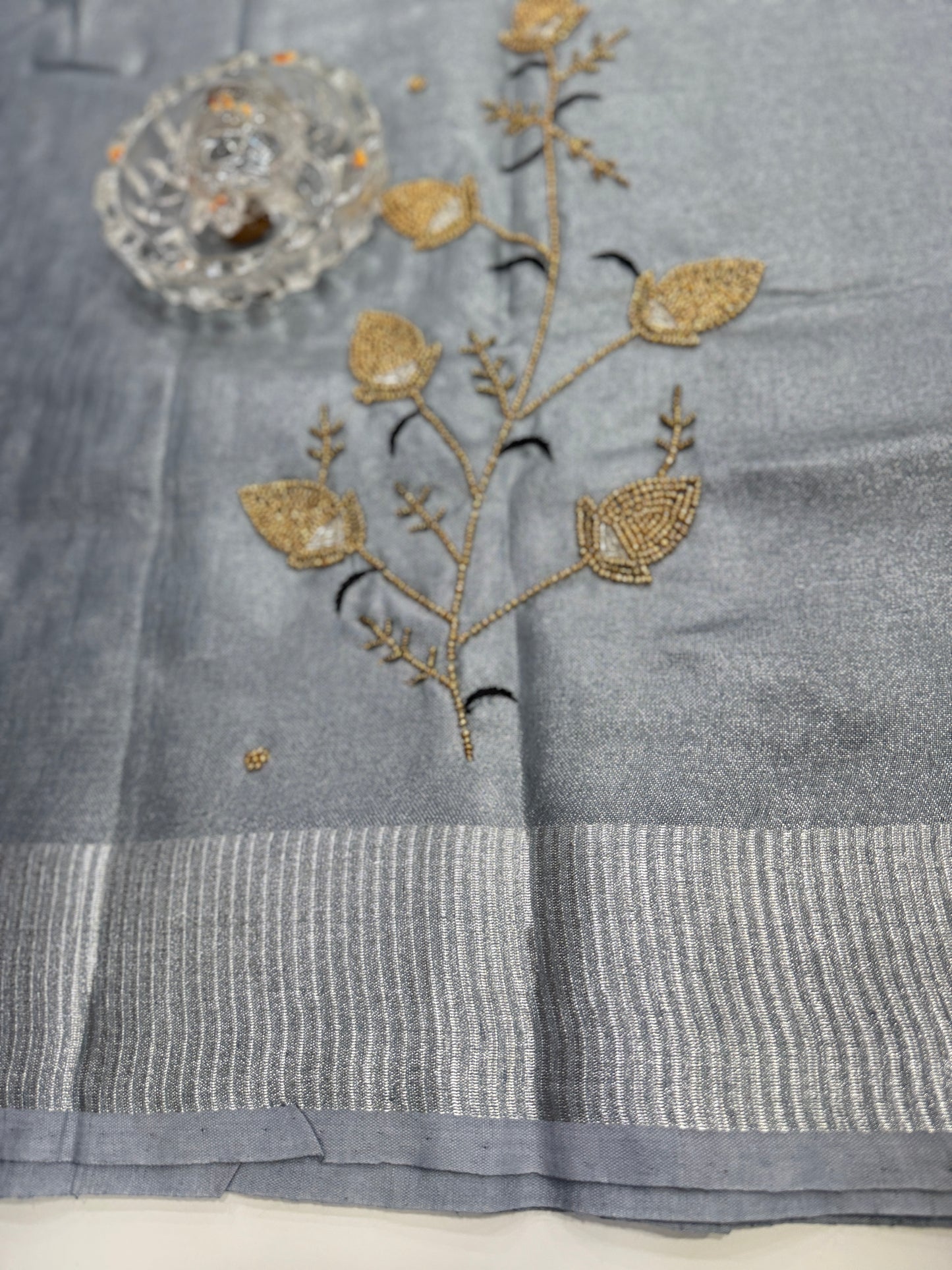 Pure Tissue 150 Count Linen Handloom Saree with Handwork and Running Blouse for Women