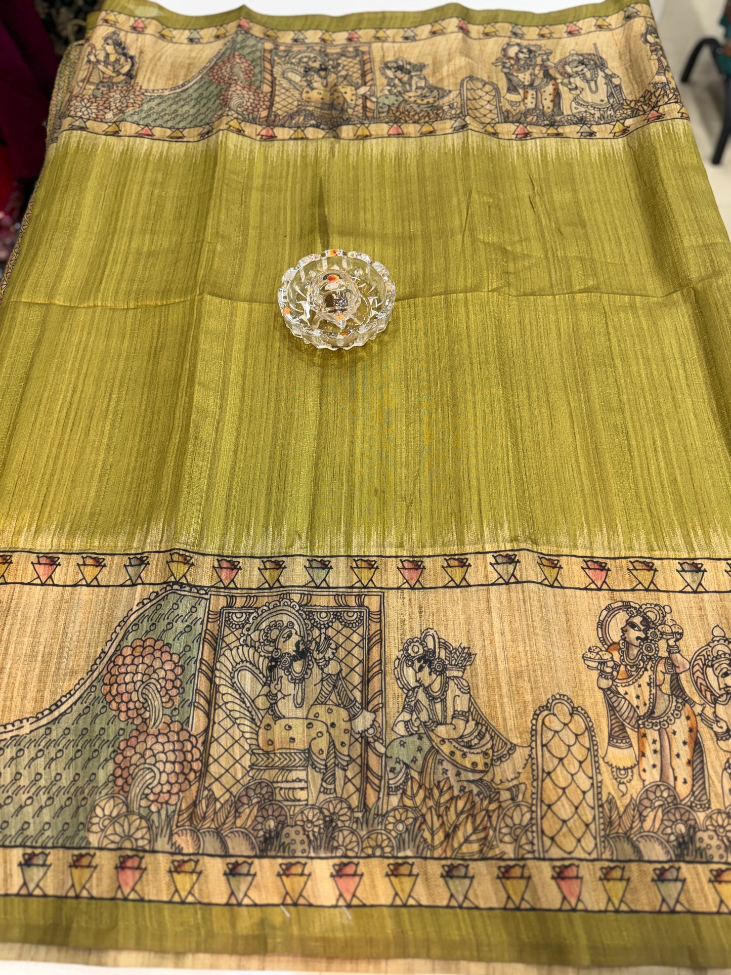 Spider Silk Saree with Folk Art Print Border and Tassel Pallu
