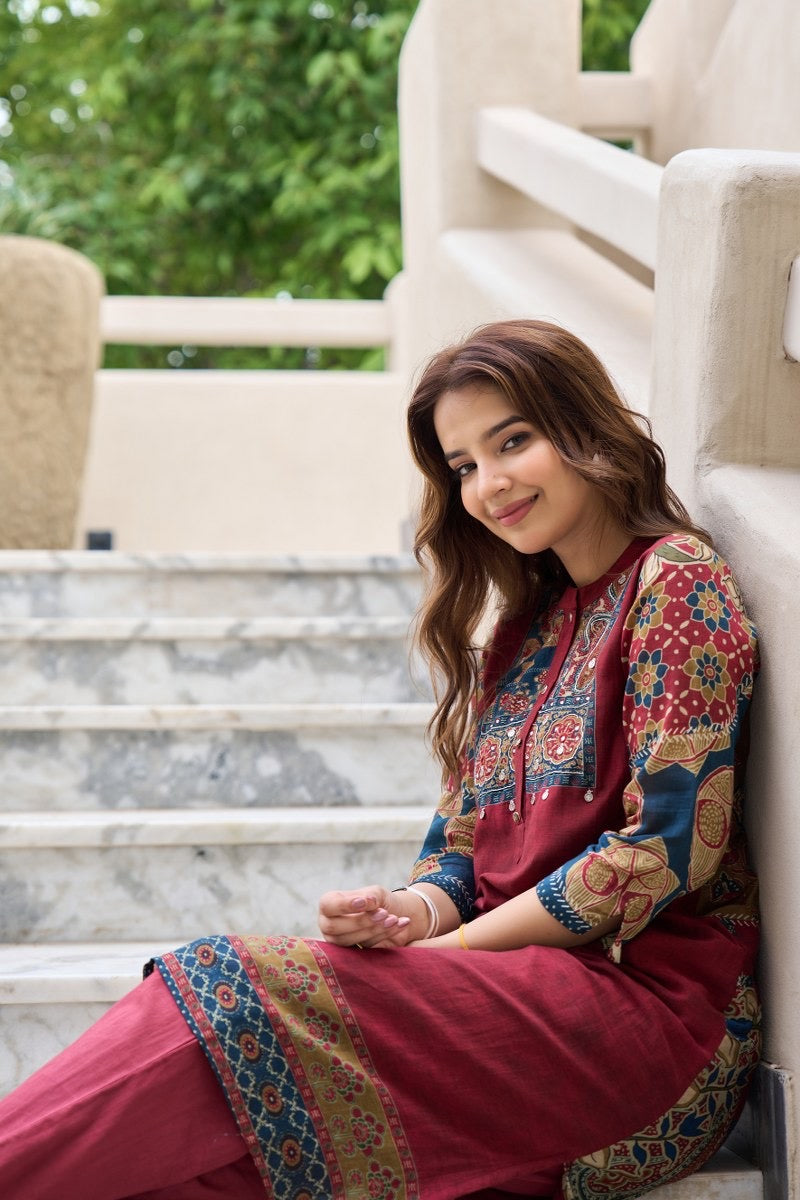 Printed Cotton Kurta Pant Set with Yoke Embroidery – Elegant Daily and Festive Wear for Women
