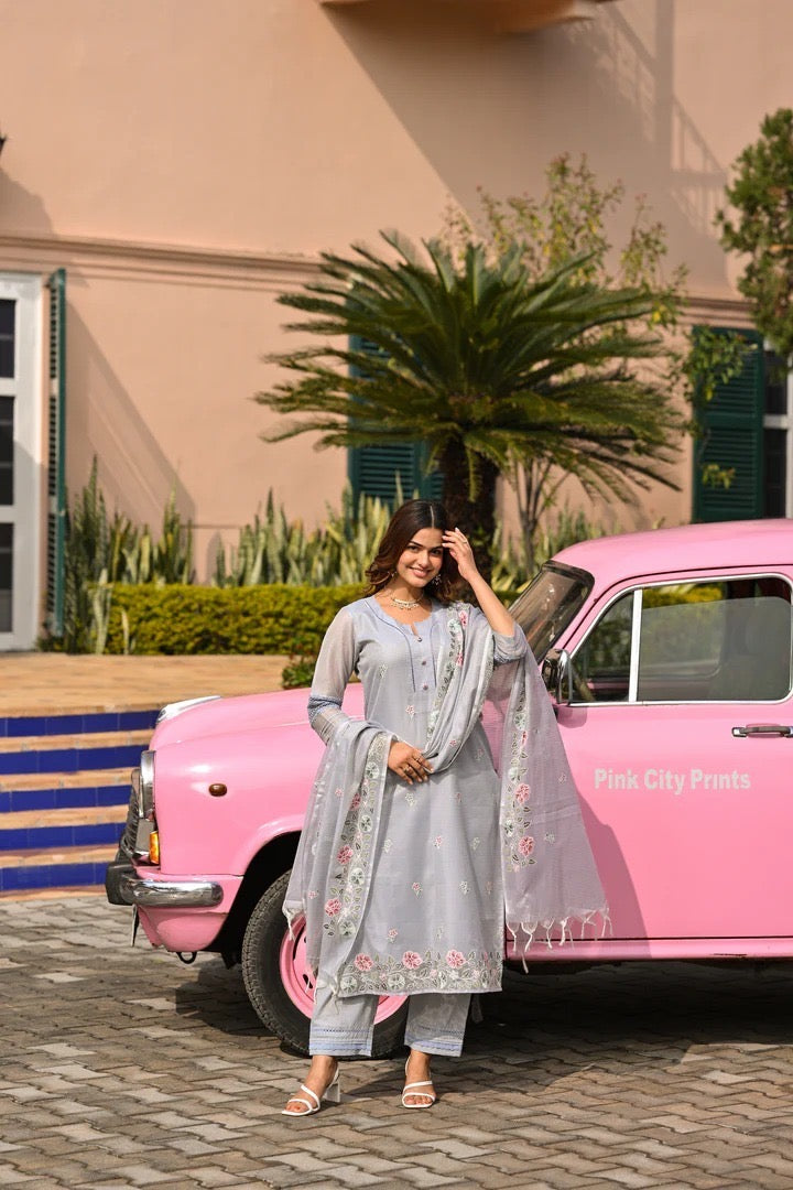 Kota Doria Embroidered Suit Set with Dupatta for Women – Light Grey, Kurta Pant Dupatta