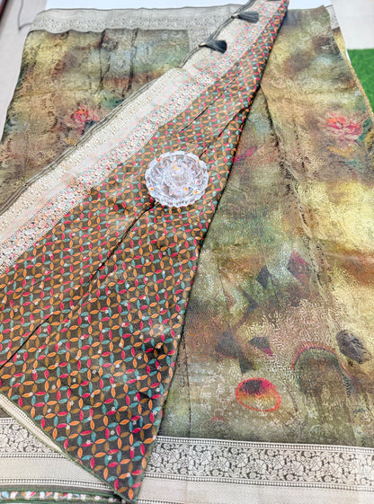 Tissue Zari Silk Saree with Digital Print and Woven Border – Premium Festive and Wedding Saree for Women