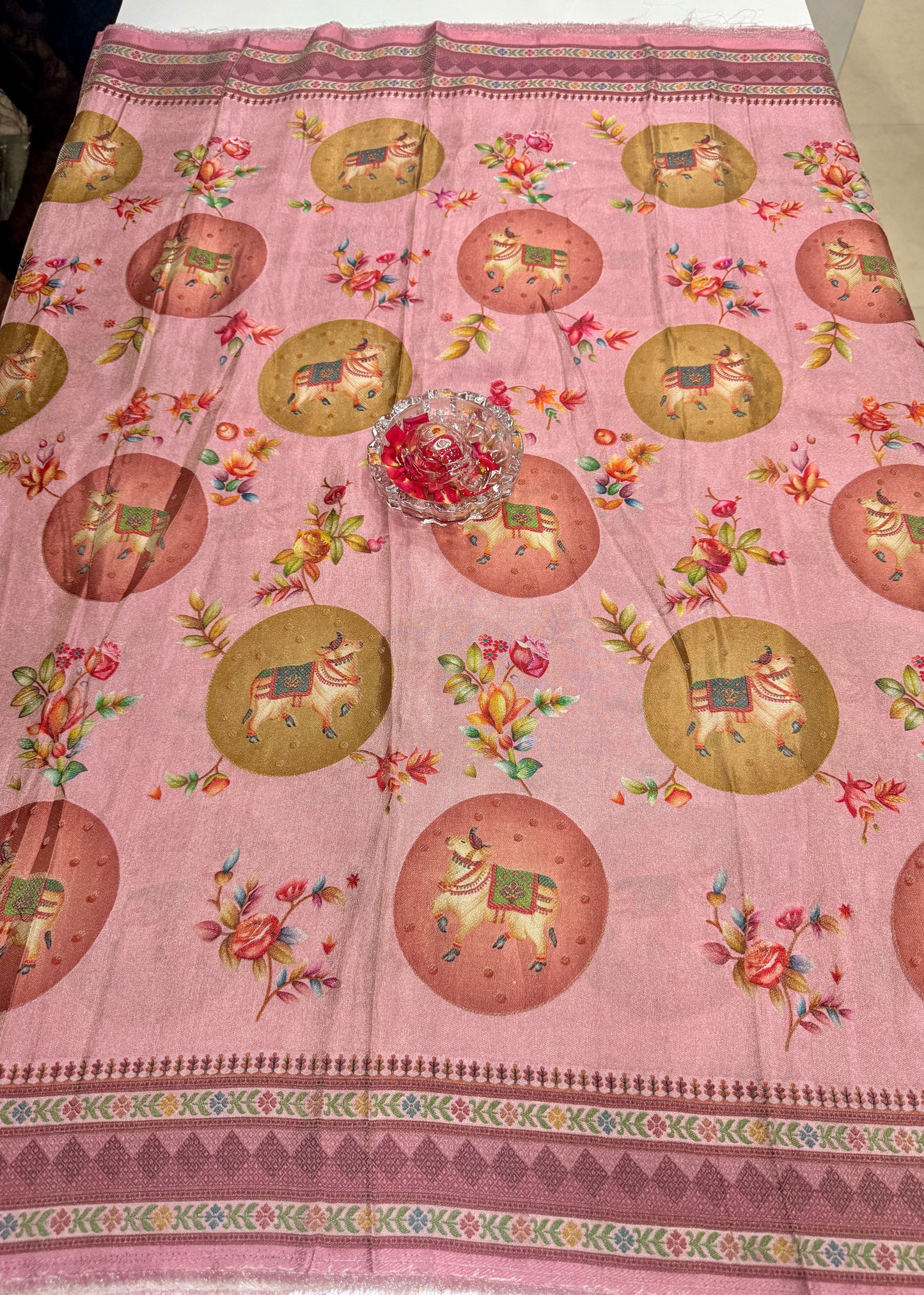 Pure Ziraf Silk Printed Saree with Elephant and Floral Motifs – Lightweight Soft Silk Saree for Women