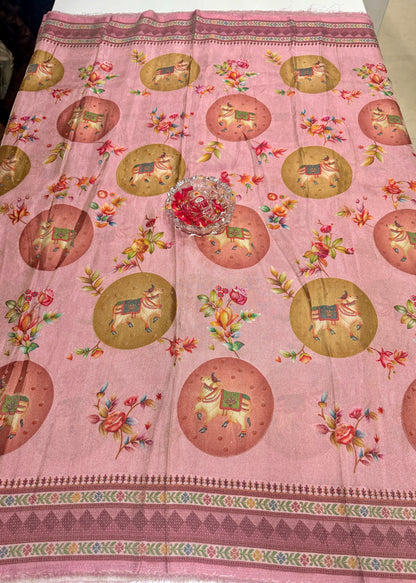 Pure Ziraf Silk Printed Saree with Elephant and Floral Motifs – Lightweight Soft Silk Saree for Women