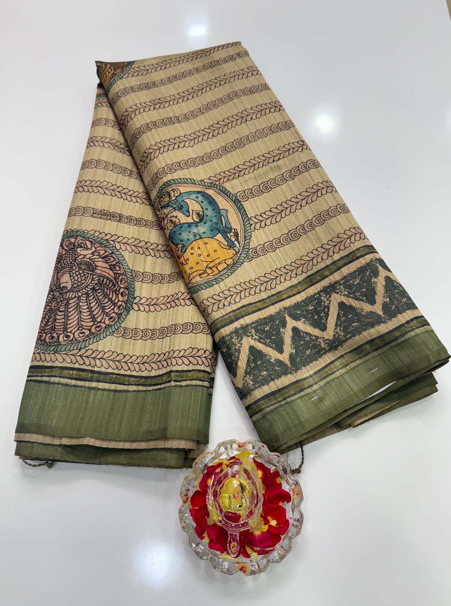 Silk Blend Printed Saree with Traditional Art Motifs and Glossy Texture – Festive Wear for Women