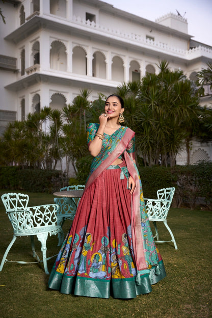 Printed Kalamkari Lehenga With Zari Weaving Border