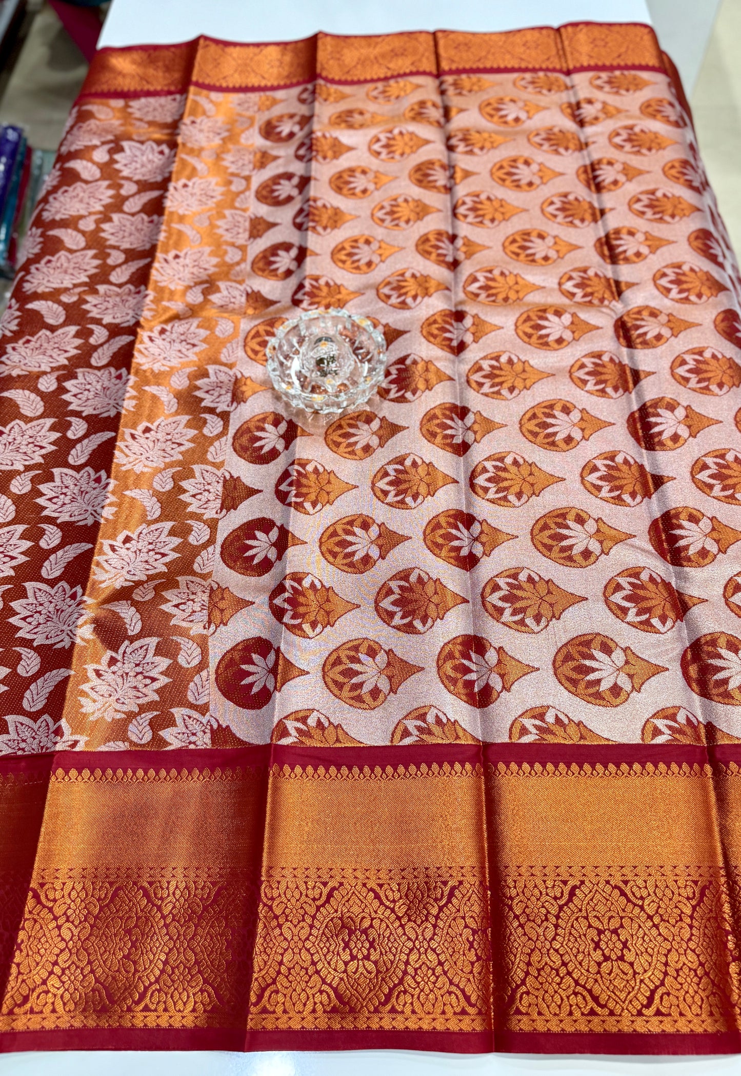 Bridal tissue saree for women with woven zari work and contrast border, kanchipuram style powerloom saree with blouse fabric