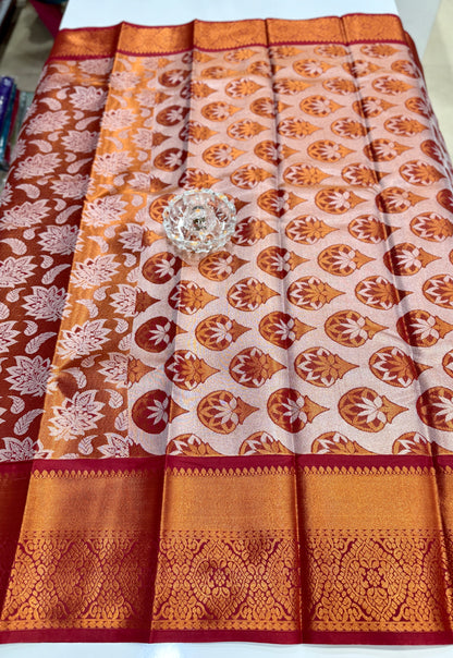 Bridal tissue saree for women with woven zari work and contrast border, kanchipuram style powerloom saree with blouse fabric