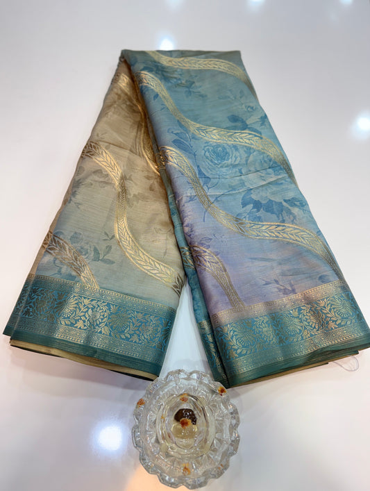 Bamboo Silk Floral Printed Saree with Rich Decorative Pallu, All Over Rich Leheriya Pattern