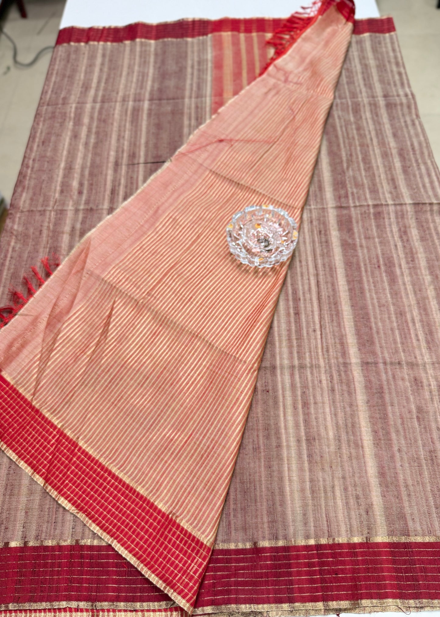 Handloom Style Katan Silk Saree with Red Zari Border – Elegant Office & Festive Wear Saree for Women
