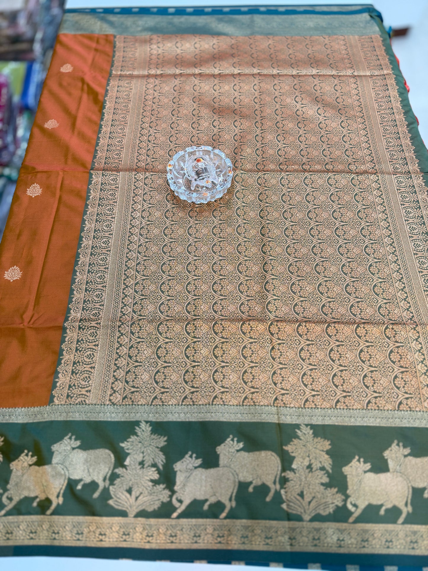Handloom styled Silk Pichwai Saree with Woven Border and Contrast Blouse