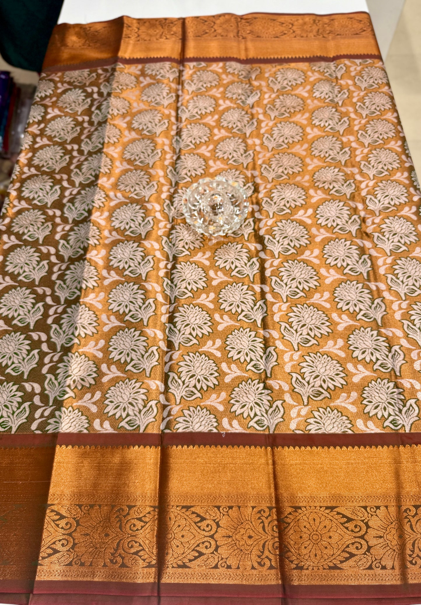 Bridal tissue saree for women with woven zari work and contrast border, kanchipuram style powerloom saree with blouse fabric