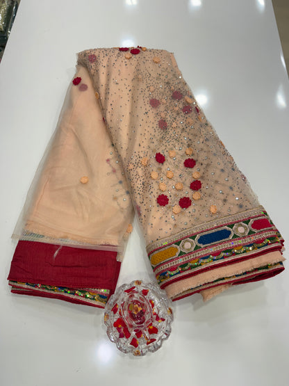 Peach Sequin Embroidered Saree for Women – Fancy Designer Fabric with Multicolour Border and 3D Floral Work