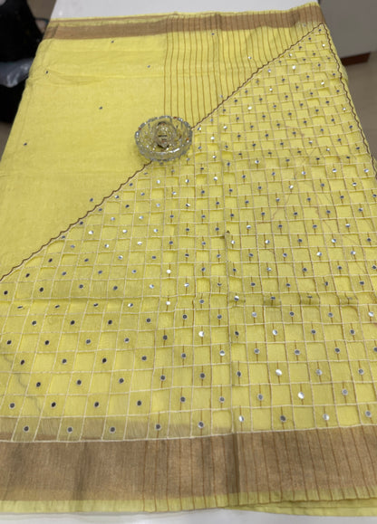 Pure Tissue 150 Count Linen Handloom Saree with Handwork and Running Blouse for Women