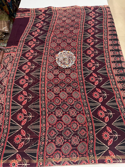 Pure Chanderi Silk Saree with Intricate Handblock Print and Blouse Piece – Traditional Wear for Women