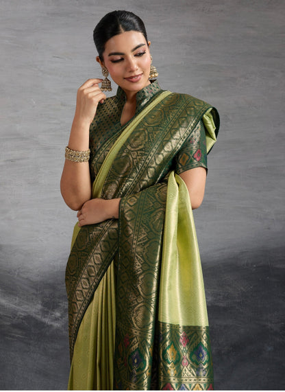 Kanjivaram Soft Silk Saree with Double Zari Weaving and Meenakari Pallu for Women