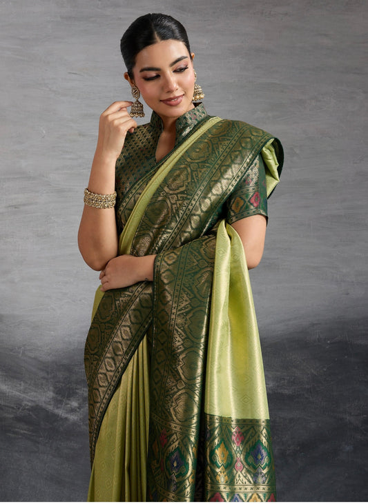 Kanjivaram Soft Silk Saree with Double Zari Weaving and Meenakari Pallu for Women