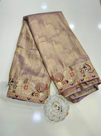 Tissue Silk Saree with Embroidery, Sequin, and Mirror Work Border – Festive Saree for Women