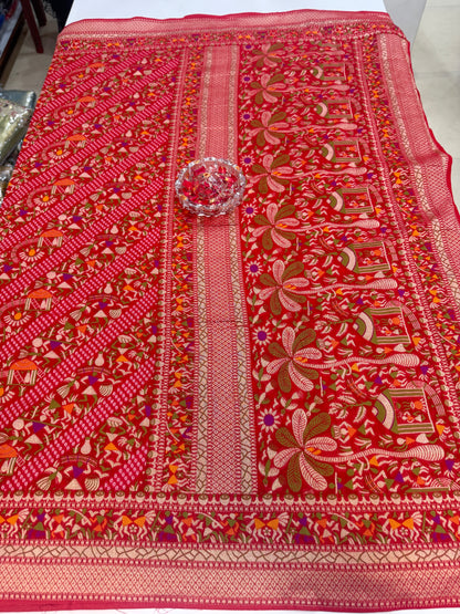 Pure Kaddi Georgette Zari Weaving Saree in Rust Orange with Antique Gold Pattern and Traditional Floral Borders – Festive & Wedding Wear for Women